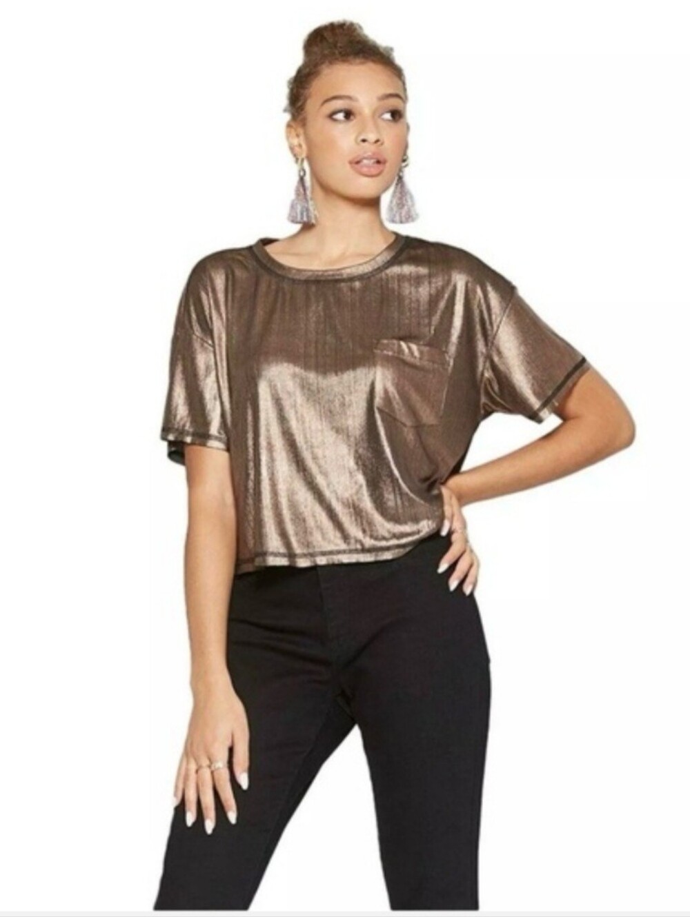 wild fable Metallic Bronze Cropped Pocket Tee